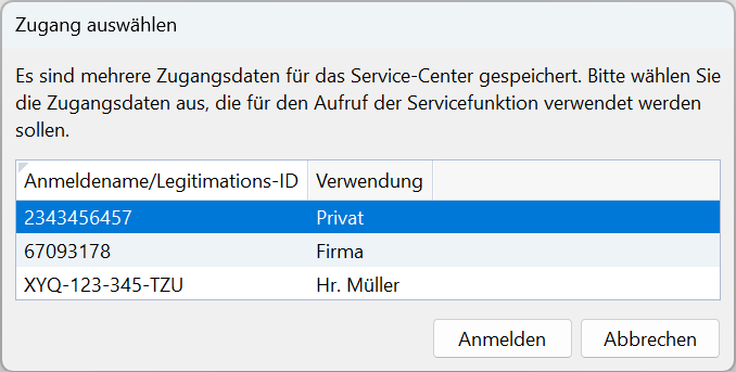 Screenshot der Zugangsauswahl im SFirm Service-Center
