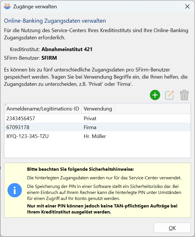 Screenshot der Zugangsverwaltung im SFirm Service-Center