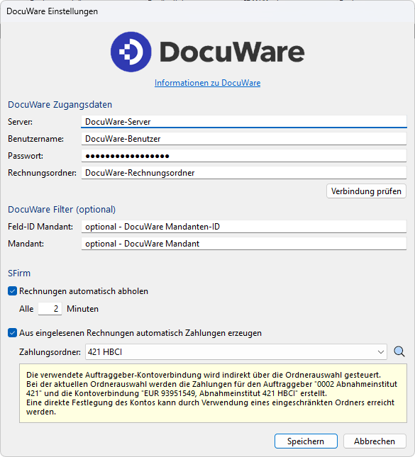 Screenshot des Einstellungsdialogs für die Docuware-Anbindung