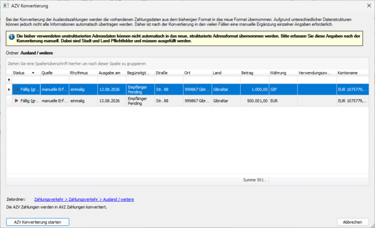 Screenshot der AZV Konvertierung in SFirm