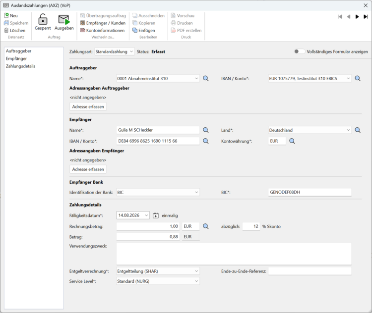 Screenshot des AXZ Formulars in SFirm